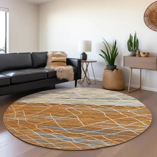 8' Terra Cotta Ivory And Gray Striped Washable Round Rug With UV Protection Photo 4