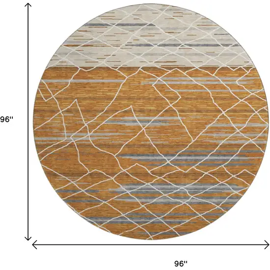 8' Terra Cotta Ivory And Gray Striped Washable Round Rug With UV Protection Photo 9