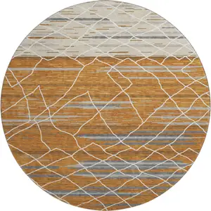 Photo of 8' Terra Cotta Ivory And Gray Striped Washable Round Rug With UV Protection