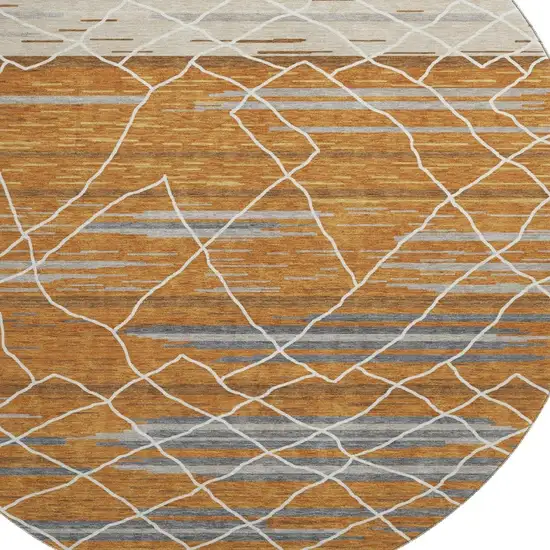 8' Terra Cotta Ivory And Gray Striped Washable Round Rug With UV Protection Photo 2