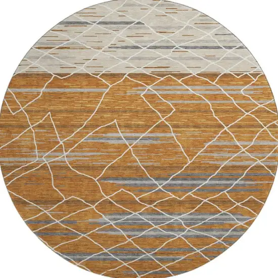 8' Terra Cotta Ivory And Gray Striped Washable Round Rug With UV Protection Photo 3