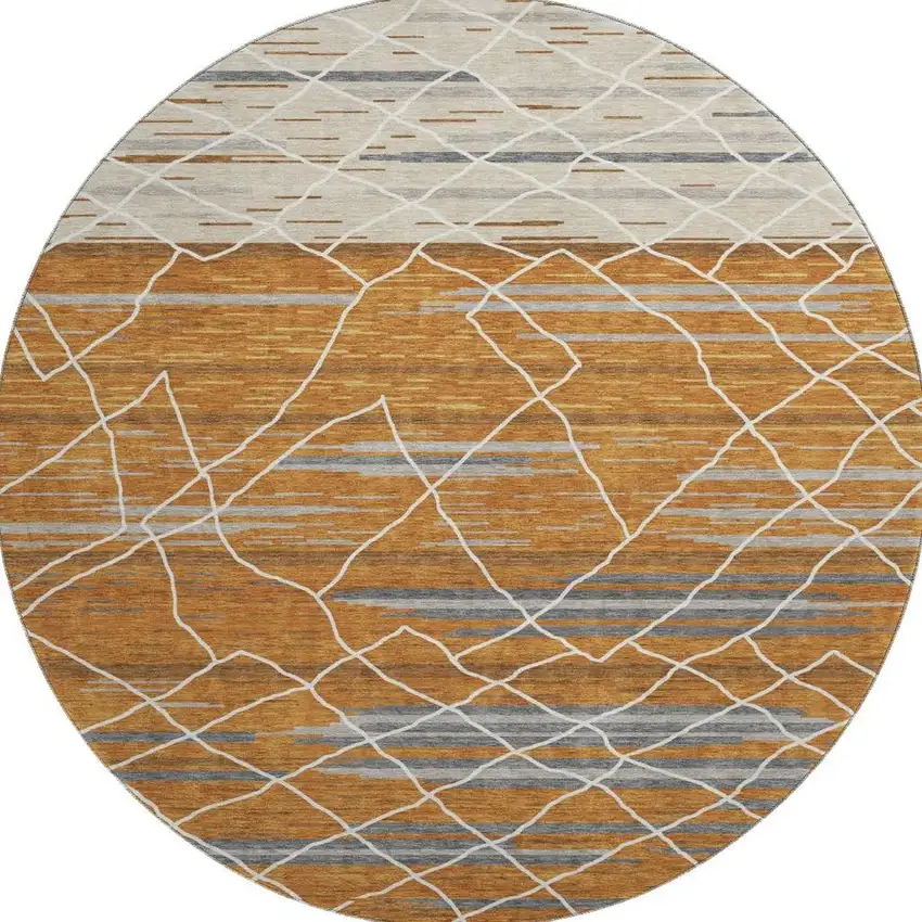 8' Terra Cotta Ivory And Gray Striped Washable Round Rug With UV Protection Photo 3