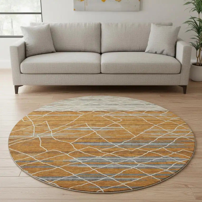 8' Terra Cotta Ivory And Gray Striped Washable Round Rug With UV Protection Photo 2