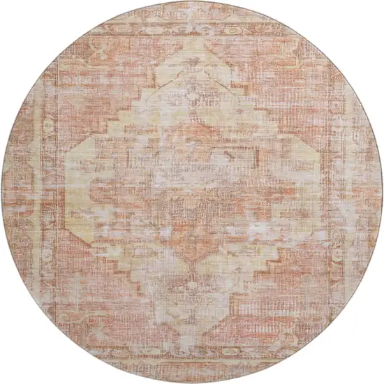 8' Terra Cotta Ivory And Wheat Oriental Washable Round Rug With UV Protection Photo 1