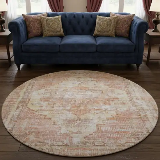 8' Terra Cotta Ivory And Wheat Oriental Washable Round Rug With UV Protection Photo 2