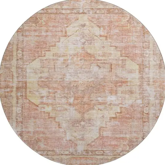 8' Terra Cotta Ivory And Wheat Oriental Washable Round Rug With UV Protection Photo 3