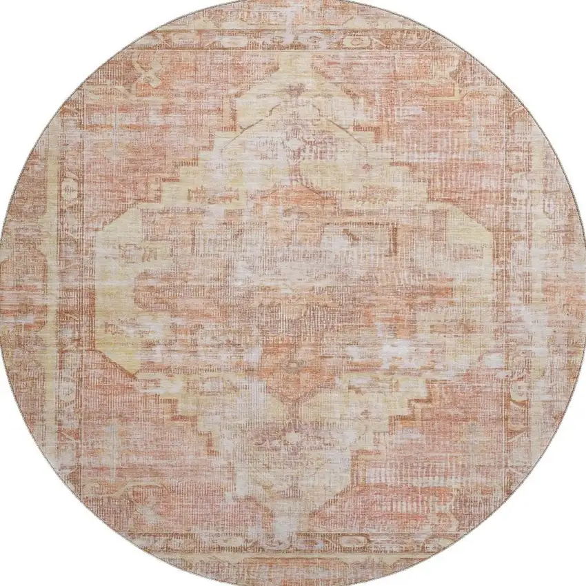 8' Terra Cotta Ivory And Wheat Oriental Washable Round Rug With UV Protection Photo 3