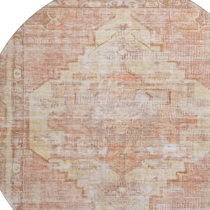 8' Terra Cotta Ivory And Wheat Oriental Washable Round Rug With UV Protection Photo 2