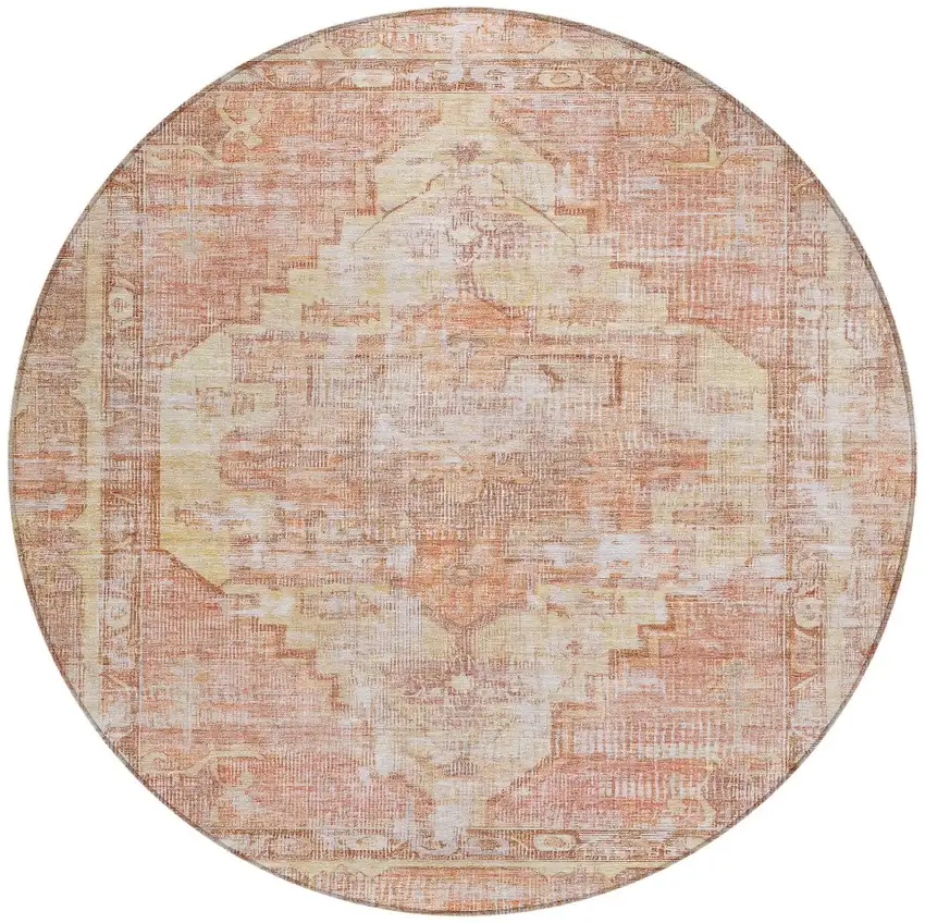 8' Terra Cotta Ivory And Wheat Round Oriental Washable Indoor Outdoor Area Rug Photo 3