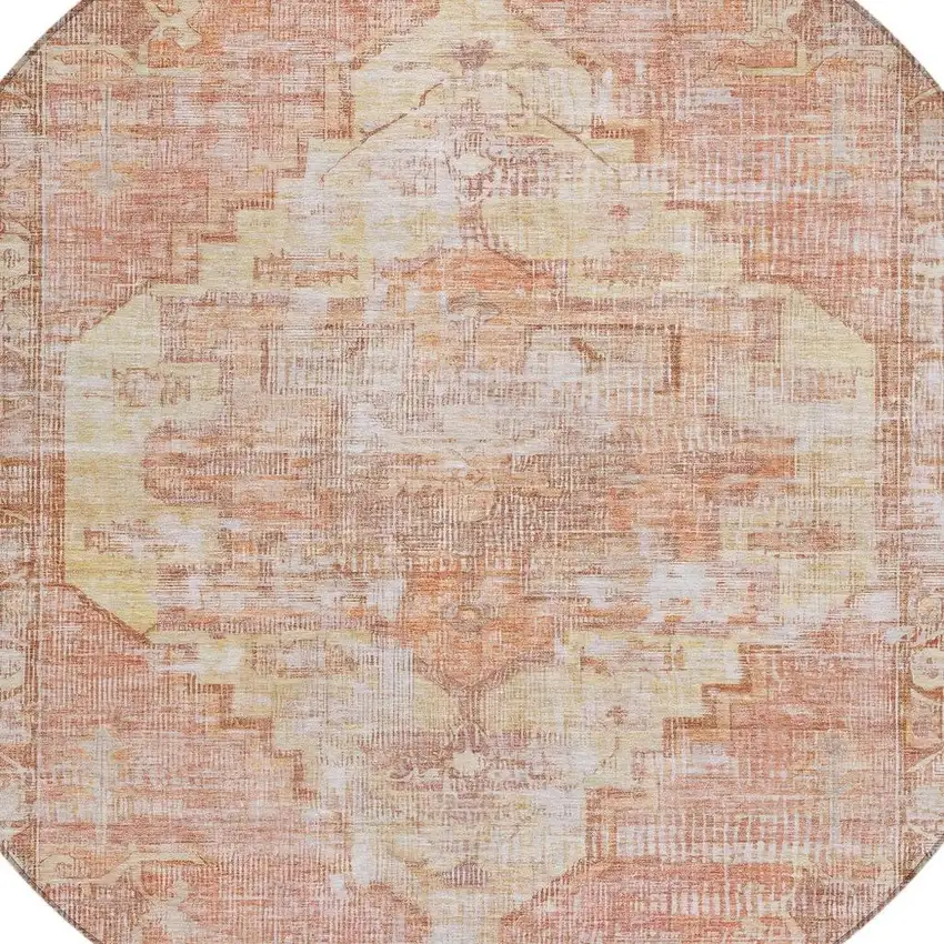 8' Terra Cotta Ivory And Wheat Round Oriental Washable Indoor Outdoor Area Rug Photo 4