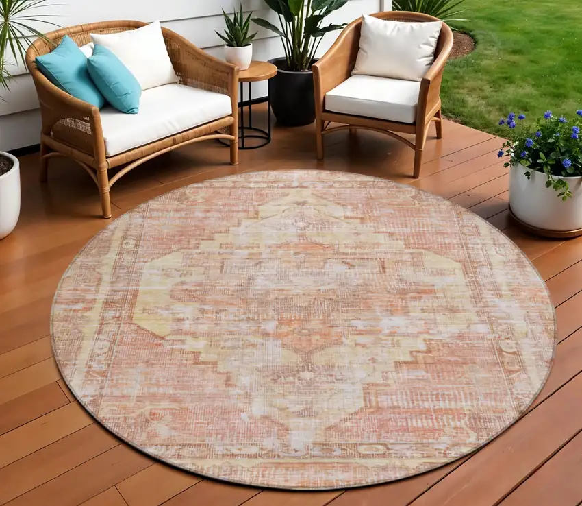 8' Terra Cotta Ivory And Wheat Round Oriental Washable Indoor Outdoor Area Rug Photo 2