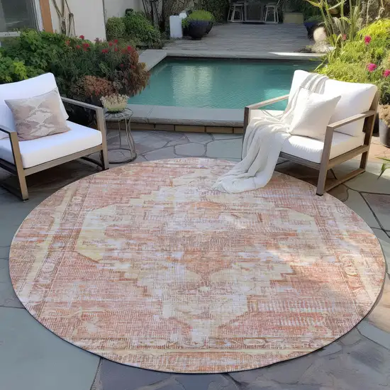 8' Terra Cotta Ivory And Wheat Round Oriental Washable Indoor Outdoor Area Rug Photo 6