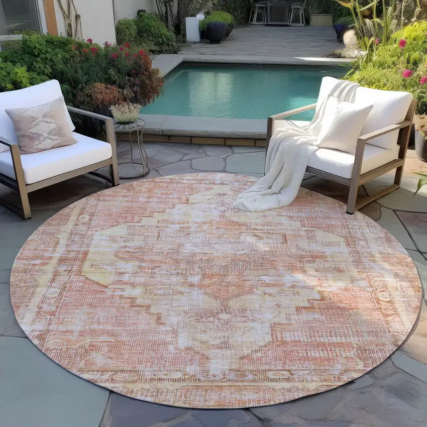 8' Terra Cotta Ivory And Wheat Round Oriental Washable Indoor Outdoor Area Rug Photo 6