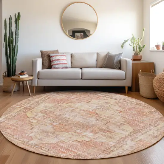 8' Terra Cotta Ivory And Wheat Round Oriental Washable Indoor Outdoor Area Rug Photo 7