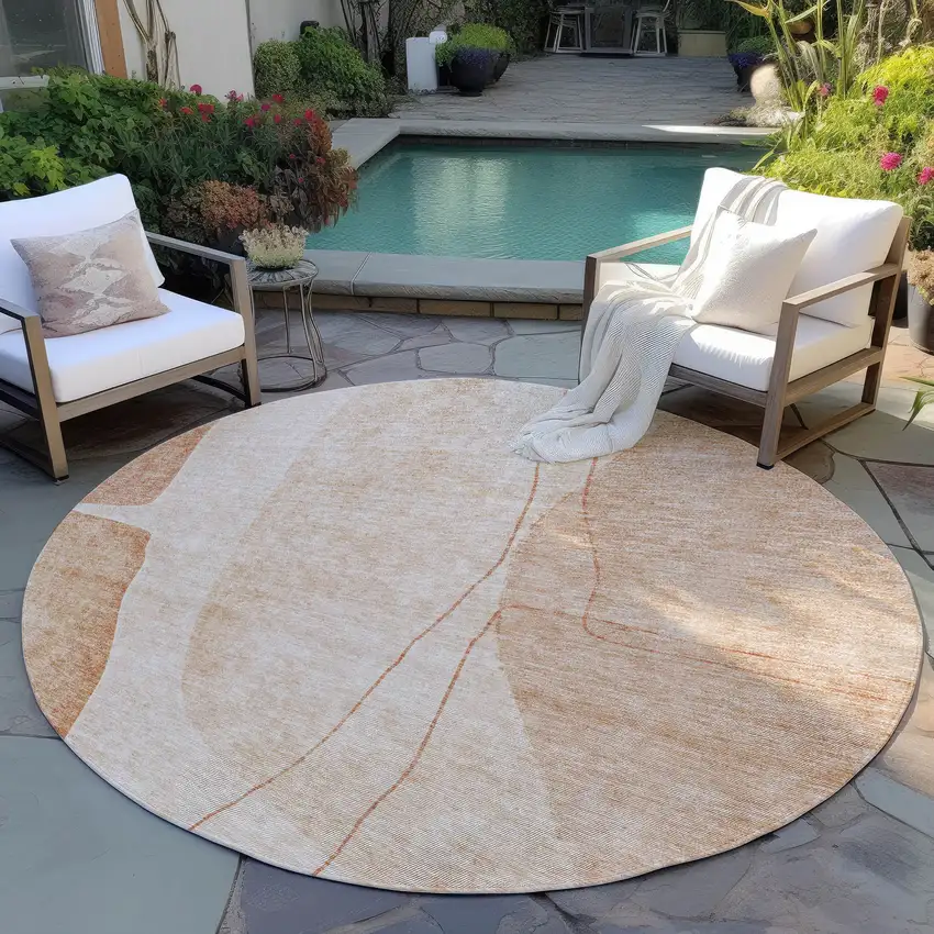 8' Terra Cotta Orange And Copper Round Abstract Washable Indoor Outdoor Area Rug Photo 6