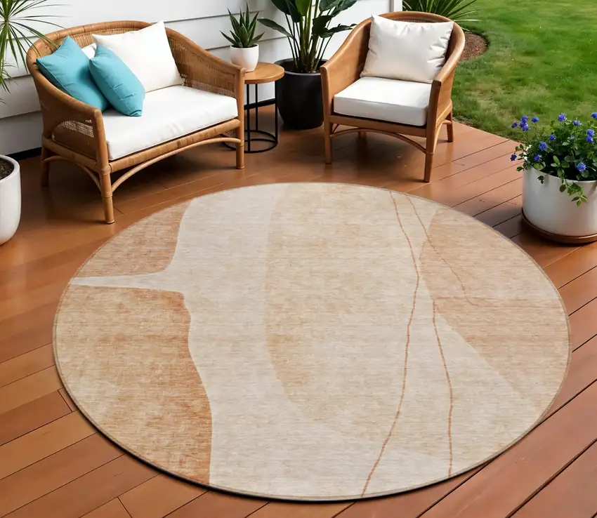 8' Terra Cotta Orange And Copper Round Abstract Washable Indoor Outdoor Area Rug Photo 1