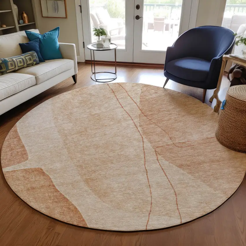 8' Terra Cotta Orange And Copper Round Abstract Washable Indoor Outdoor Area Rug Photo 7