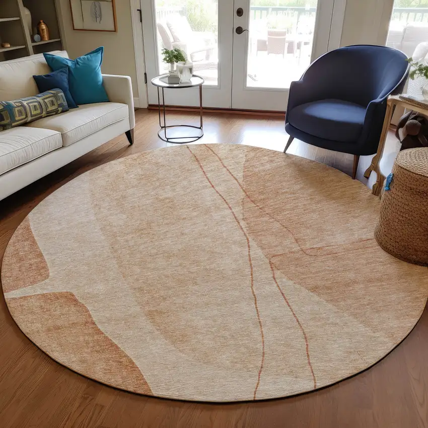 8' Terra Cotta Orange And Copper Round Abstract Washable Indoor Outdoor Area Rug Photo 7
