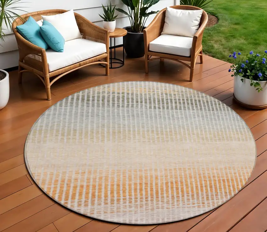 8' Terra Cotta Orange And Gray Round Striped Washable Indoor Outdoor Area Rug Photo 1