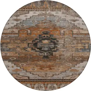 Photo of 8' Terra Cotta Rust And Gray Round Tribal Washable Indoor Outdoor Area Rug