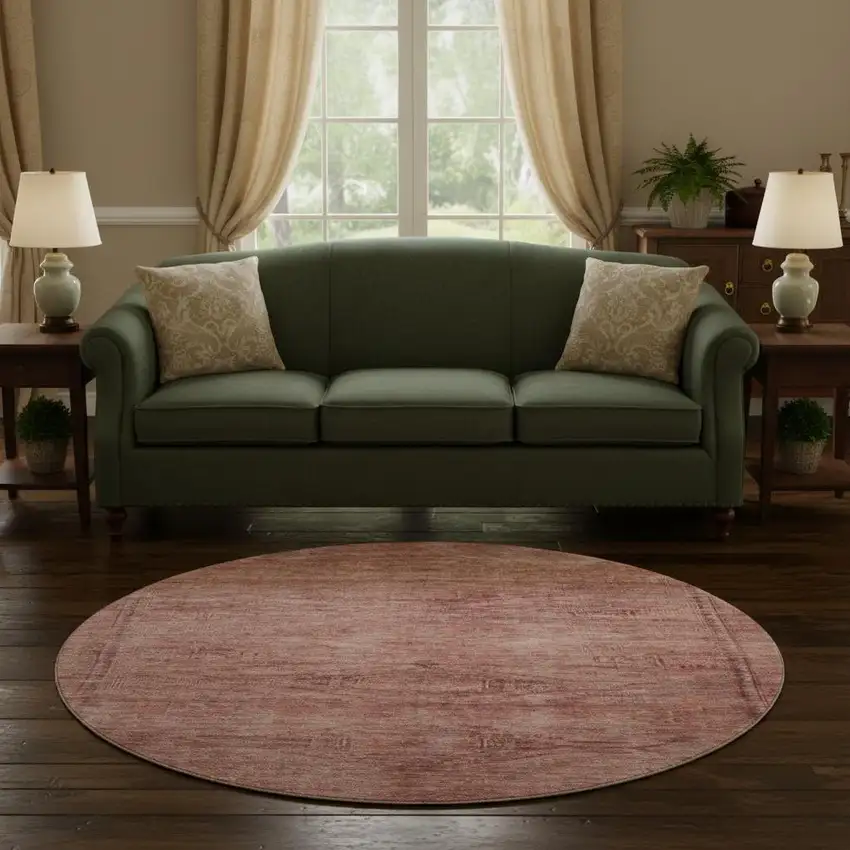 8' Terra Cotta Salmon And Blush Abstract Geometric Washable Round Rug With UV Protection Photo 2