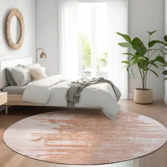 8' Terra Cotta Salmon And Copper Round Abstract Washable Indoor Outdoor Area Rug Photo 7