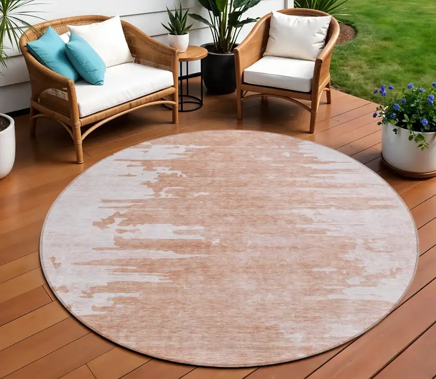 8' Terra Cotta Salmon And Copper Round Abstract Washable Indoor Outdoor Area Rug Photo 1
