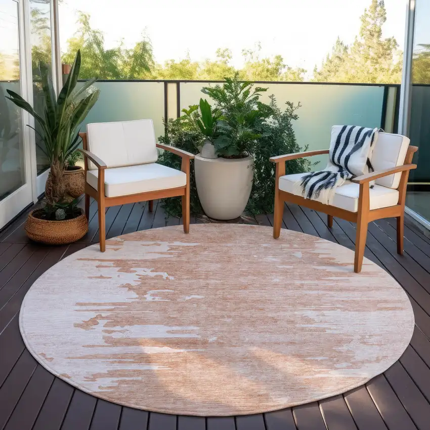 8' Terra Cotta Salmon And Copper Round Abstract Washable Indoor Outdoor Area Rug Photo 6