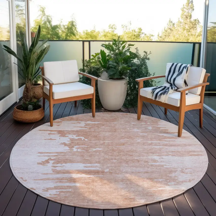 8' Terra Cotta Salmon And Copper Round Abstract Washable Indoor Outdoor Area Rug Photo 6