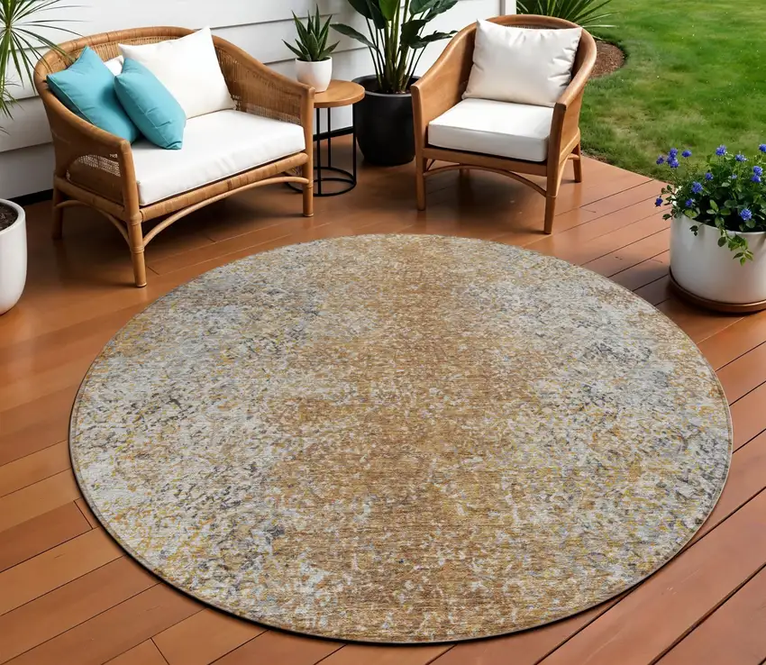 8' Terra Cotta Silver And Charcoal Round Oriental Washable Indoor Outdoor Area Rug Photo 1
