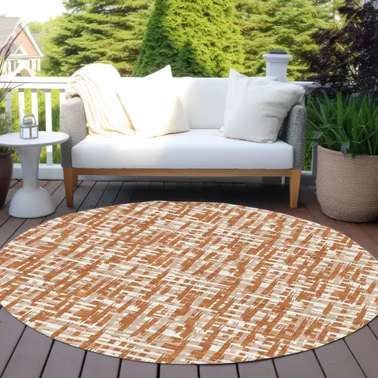 8' Terra Cotta Tan And Ivory Round Abstract Washable Indoor Outdoor Area Rug Photo 8