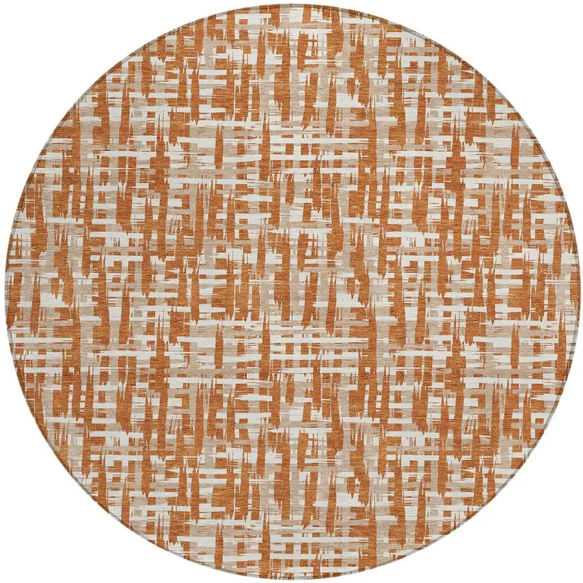 8' Terra Cotta Tan And Ivory Round Abstract Washable Indoor Outdoor Area Rug Photo 6
