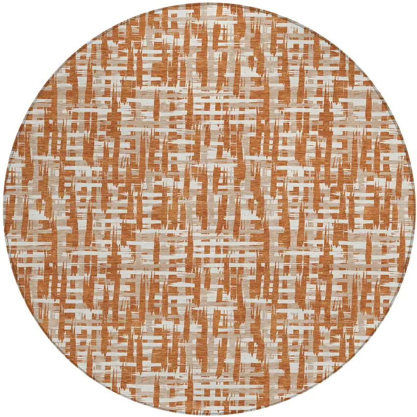 8' Terra Cotta Tan And Ivory Round Abstract Washable Indoor Outdoor Area Rug Photo 2