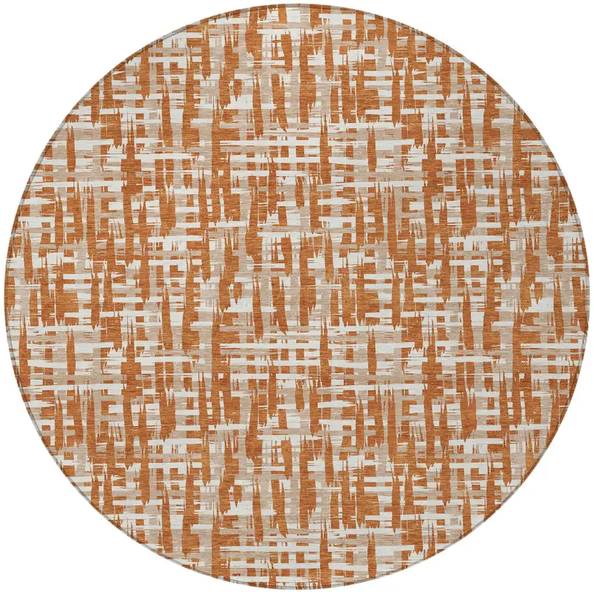 8' Terra Cotta Tan And Ivory Round Abstract Washable Indoor Outdoor Area Rug Photo 7