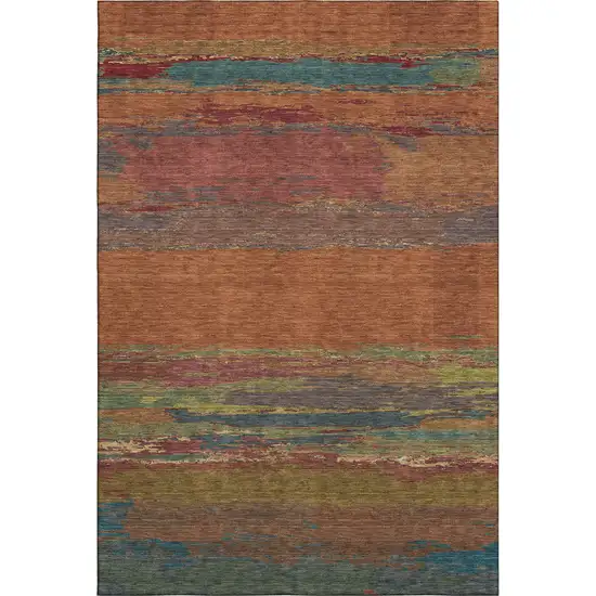 8' Terra Cotta Teal And Green Abstract Washable Area Rug With UV Protection Photo 4