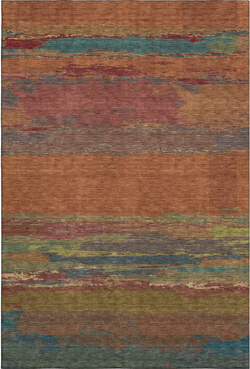 8' Terra Cotta Teal And Green Abstract Washable Area Rug With UV Protection Photo 4