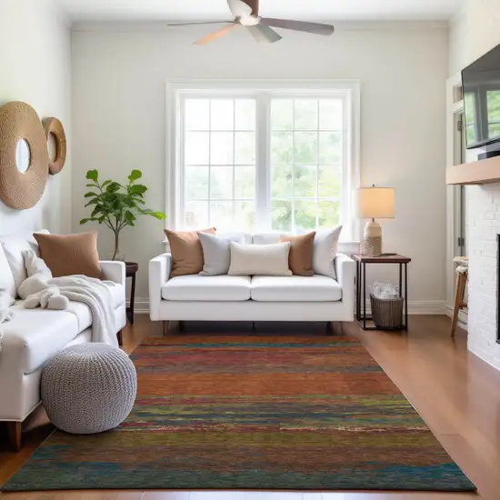 8' Terra Cotta Teal And Green Abstract Washable Area Rug With UV Protection Photo 3