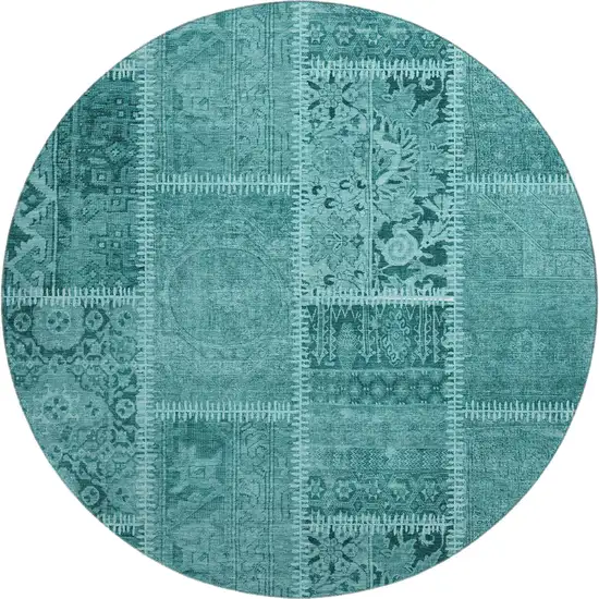 8' Turquoise And Aqua Patchwork Washable Round Rug With UV Protection Photo 1
