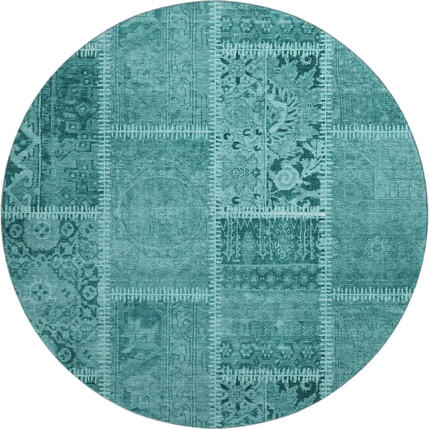 8' Turquoise And Aqua Patchwork Washable Round Rug With UV Protection Photo 1