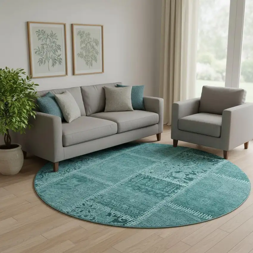 8' Turquoise And Aqua Patchwork Washable Round Rug With UV Protection Photo 1