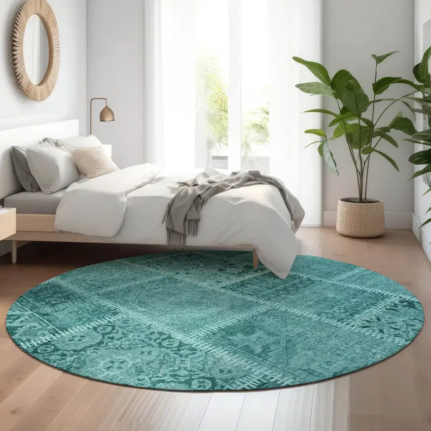 8' Turquoise And Aqua Patchwork Washable Round Rug With UV Protection Photo 5