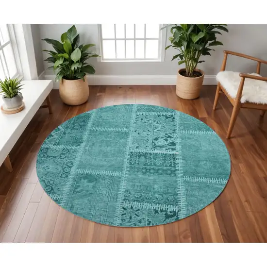 8' Turquoise And Aqua Patchwork Washable Round Rug With UV Protection Photo 2