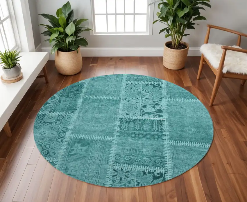8' Turquoise And Aqua Patchwork Washable Round Rug With UV Protection Photo 2