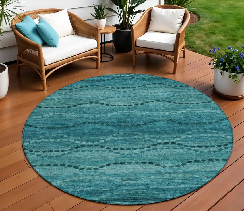 8' Turquoise And Aqua Round Ogee Washable Indoor Outdoor Area Rug Photo 2