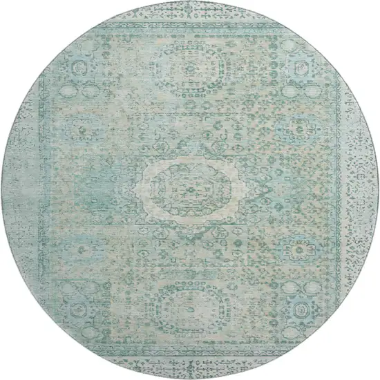 8' Turquoise And Beige Oriental Washable Round Rug With UV Protection Photo 1