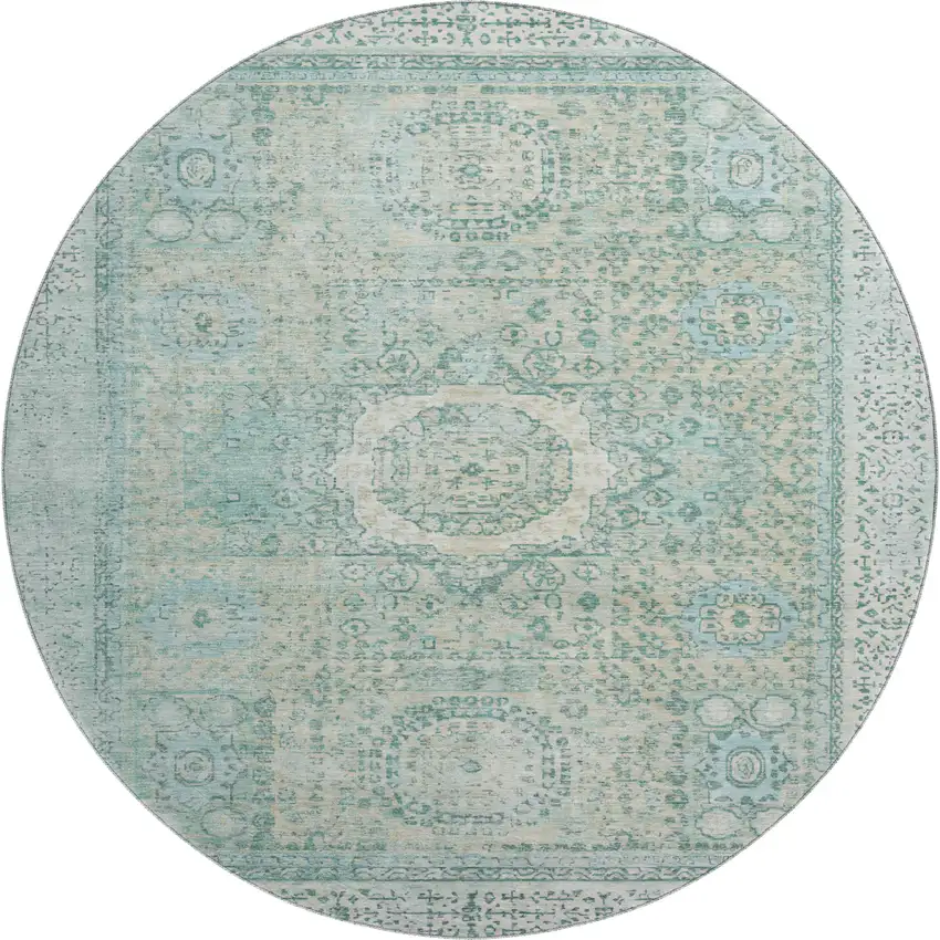 8' Turquoise And Beige Oriental Washable Round Rug With UV Protection Photo 1
