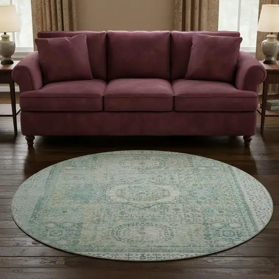 8' Turquoise And Beige Oriental Washable Round Rug With UV Protection Photo 2