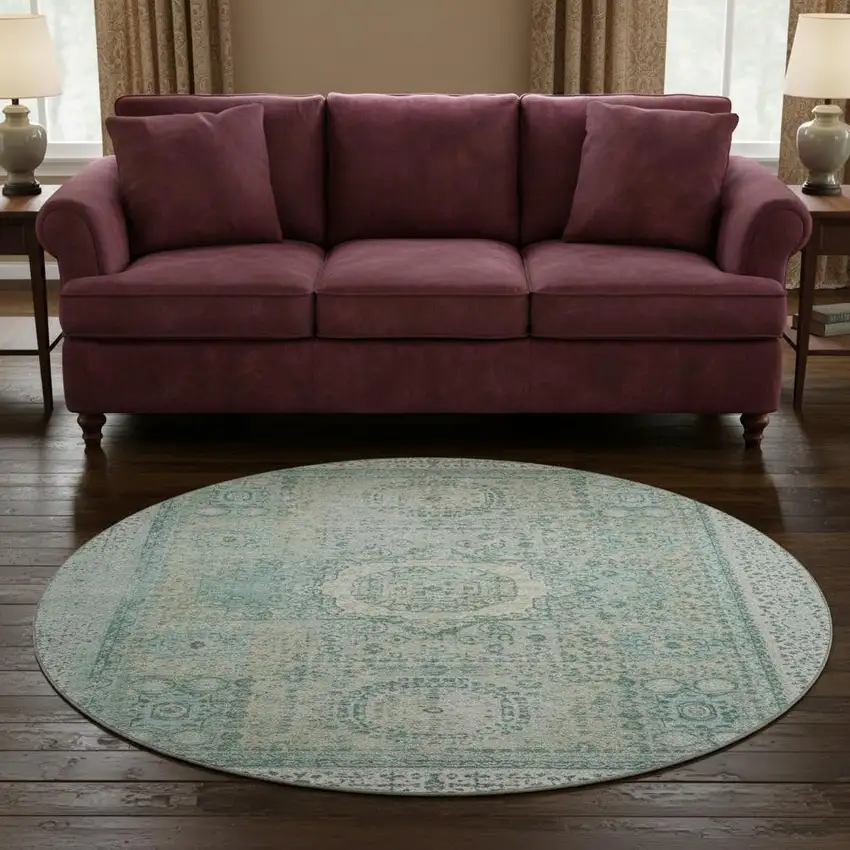 8' Turquoise And Beige Oriental Washable Round Rug With UV Protection Photo 2