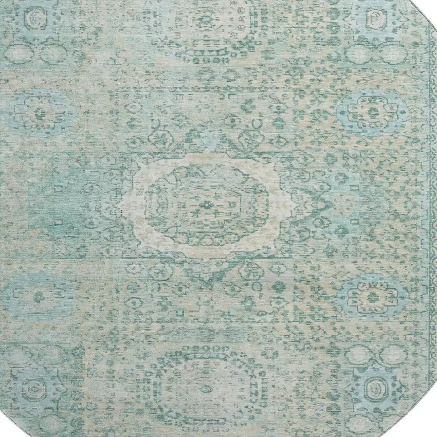 8' Turquoise And Beige Oriental Washable Round Rug With UV Protection Photo 2