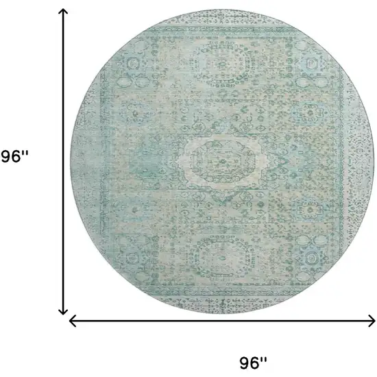 8' Turquoise And Beige Oriental Washable Round Rug With UV Protection Photo 9
